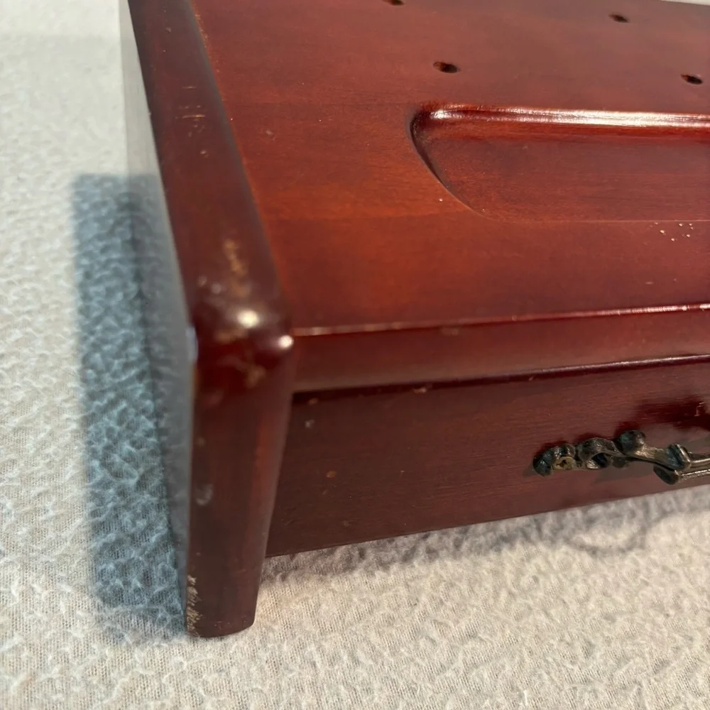 Vtg. Wooden Jewelry Box with Velvet-Lined Single Drawer with Decorative Handle